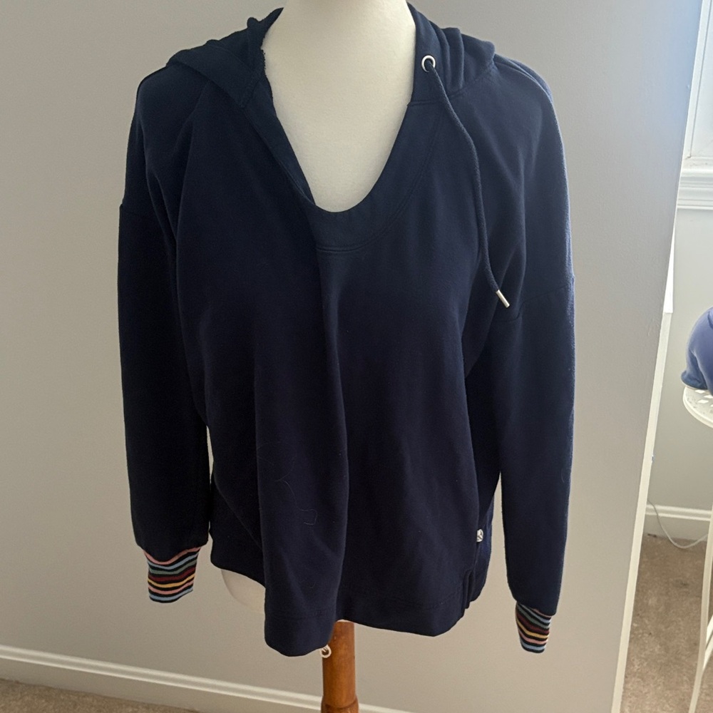 Lou & Grey Navy Hoodie with Striped Cuffs